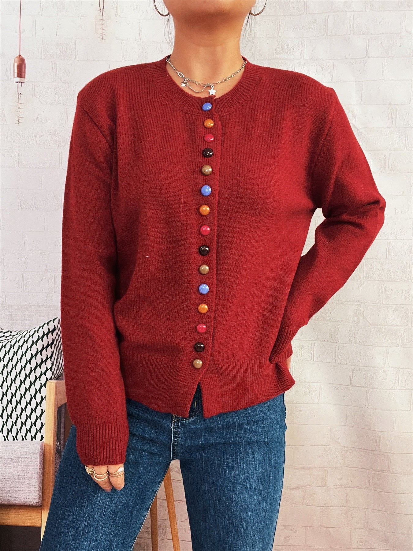 Simple Commute Color Button Single-breasted Knitted Cardigan Sweater Coat