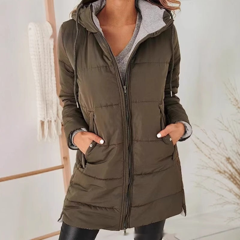 Hooded Solid Color Pocket Long Cotton Jacket Coat for All Seasons