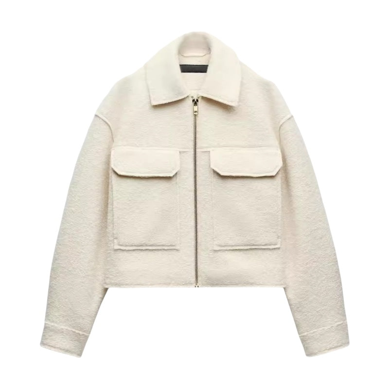 Beaded Leather Jacket with Large Pockets and Lapel Style