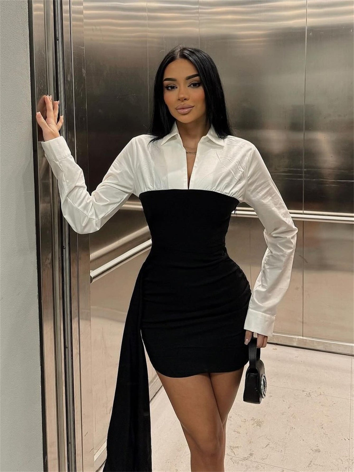 Color Contrast Patchwork Lapel Dress with Stylish Mid Waist Design