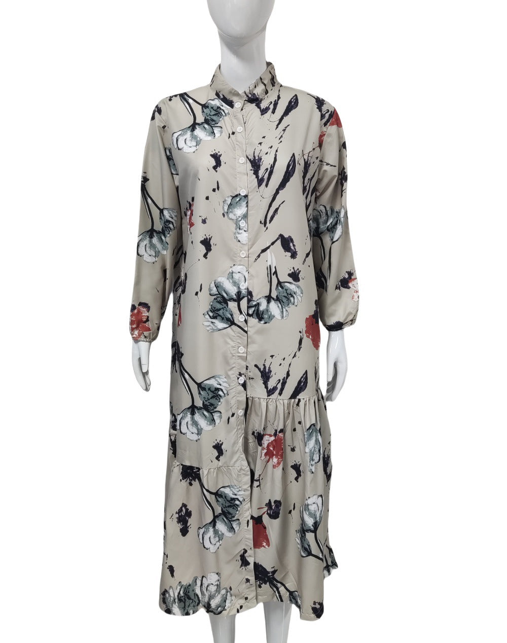Floral Print Long Dress with Comfortable Cotton-Linen Blend Fabric