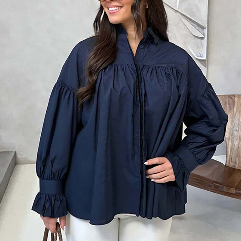 Pleated Lapel Splicing Blouse with Long Sleeve Design