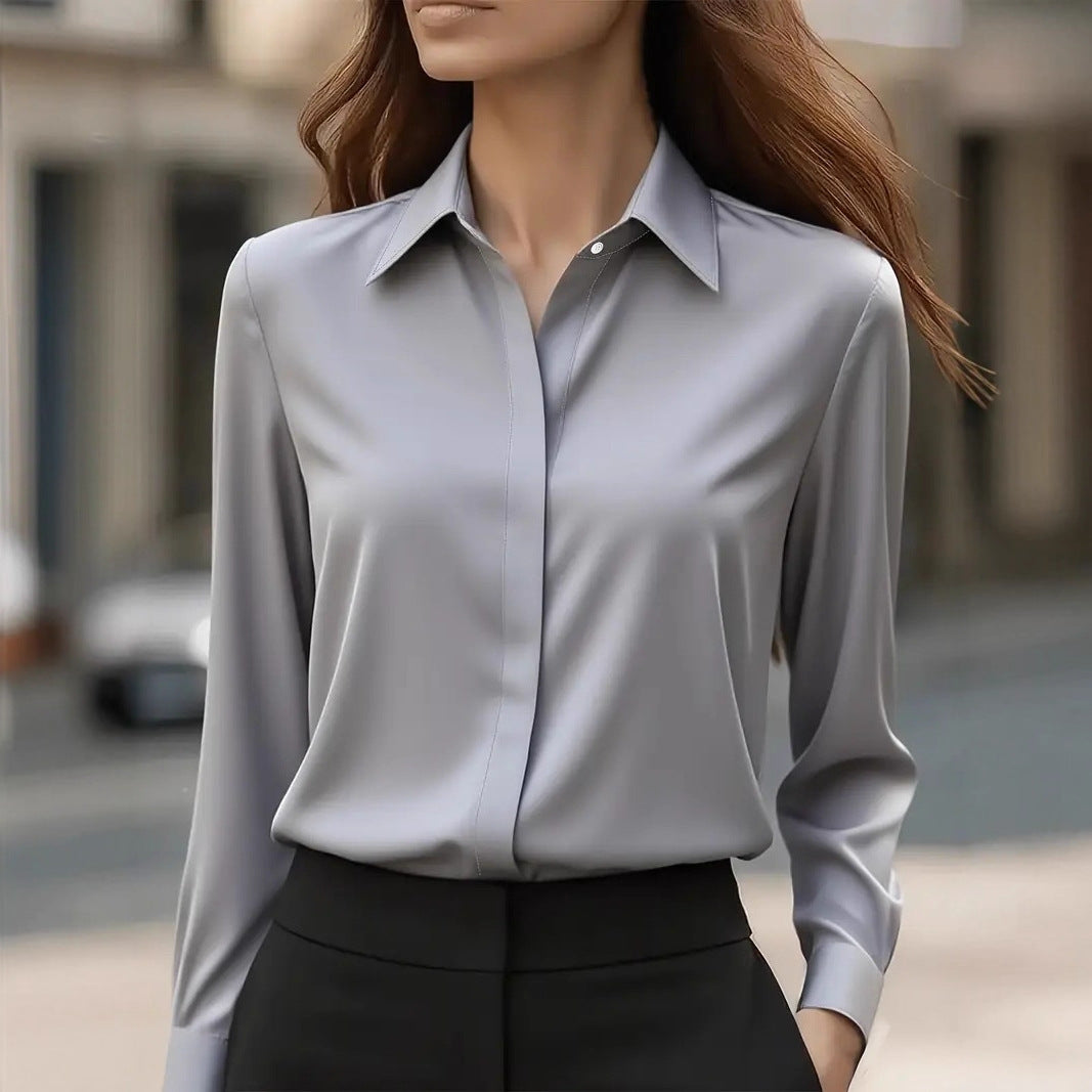 Satin Blouse with Long Sleeve Lapel Design for Effortless Elegance