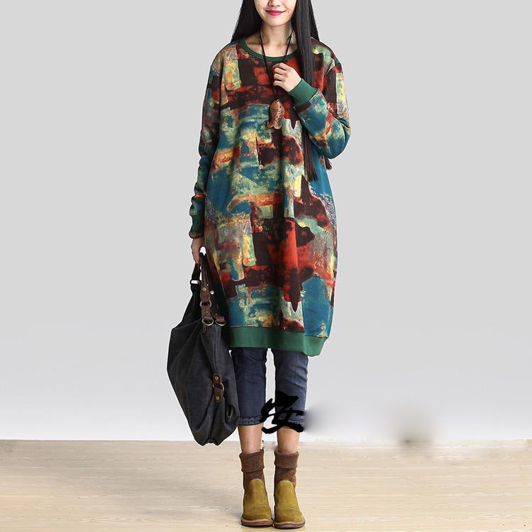 Casual Cotton and Linen Printed Long-sleeved Dress with Floral Pattern