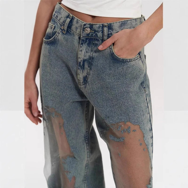 Retro Straight-leg Jeans with Unique Hollow Texture Design