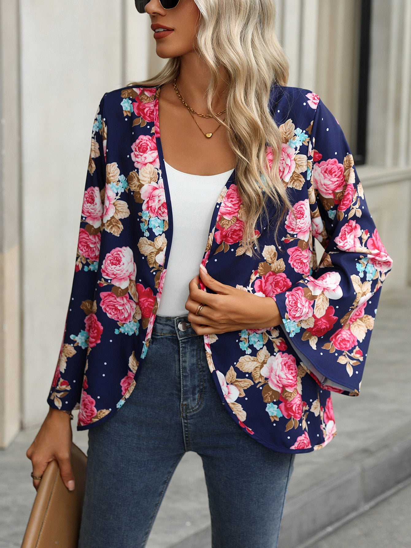 V-neck Floral Bell Sleeve Blouse with Casual Style and Print Design