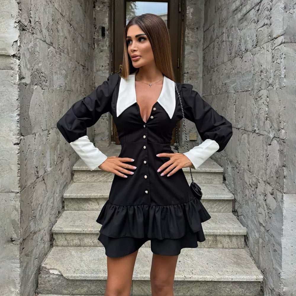 A-line Dress with Lace-up Waist and Ruffled Contrast Details