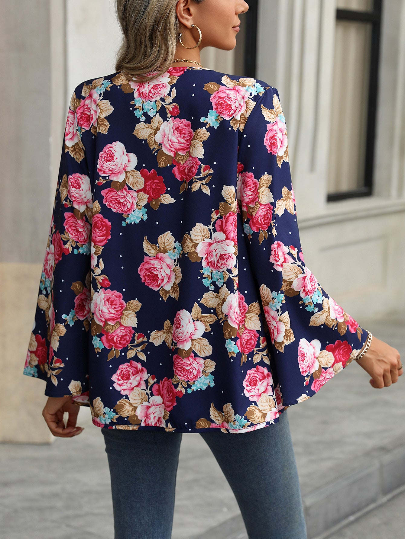 V-neck Floral Bell Sleeve Blouse with Casual Style and Print Design
