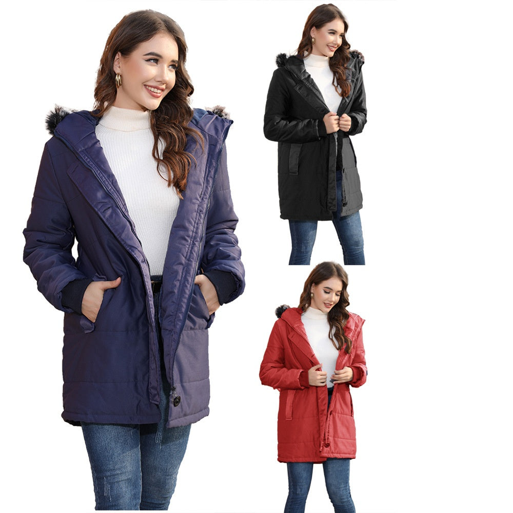 Hooded Warm Slim-fit Mid-length Coat with Fur Collar