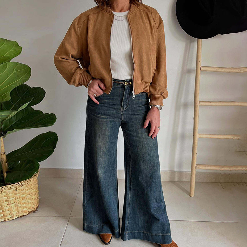 Suede Solid Color Zip Jacket with Casual Slim Fit Style