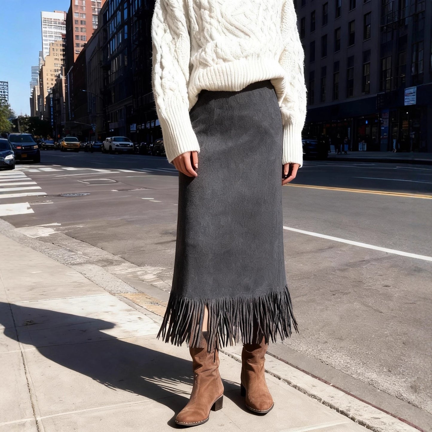 Suede Skirt with Tassel Detail for a Chic Mid-Length Look