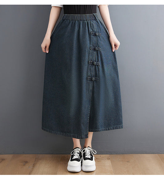 Artistic Retro Denim Skirt with Button Detail for Chic Looks