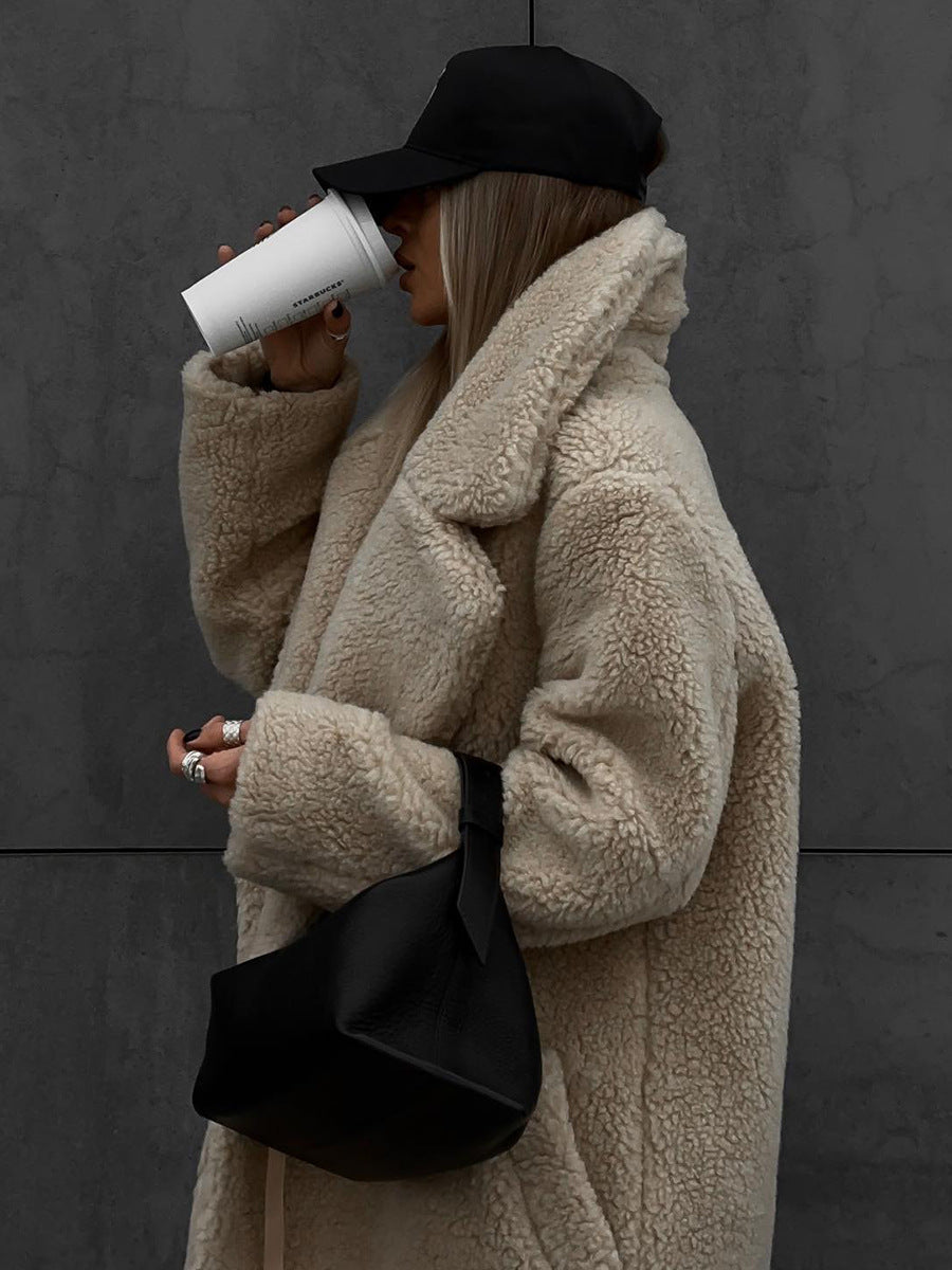 Polyester Long Button Cashmere Coat with Luxurious Fur Collar