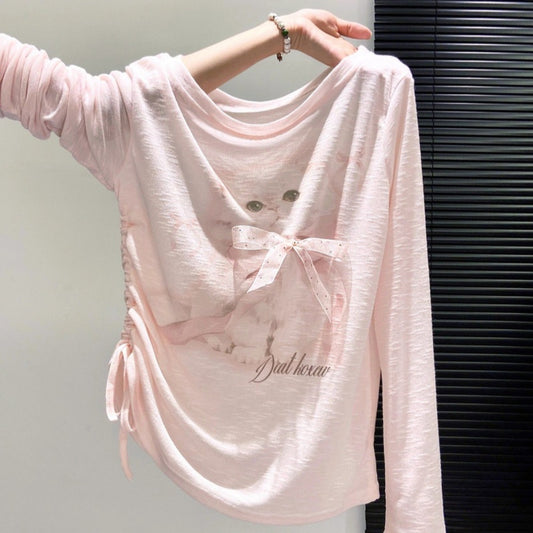 Cute Cat Print Long Sleeve Pullover Top for Fun Fashion Lovers