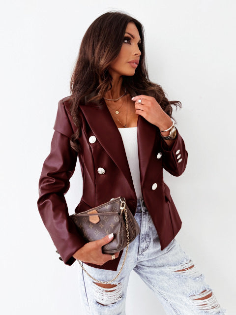 Long Sleeve Double Breasted PU Leather Jacket with Classic Style