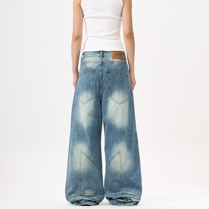 Wide-leg Blue Jeans with Deconstruct Stitching for Trendy Style