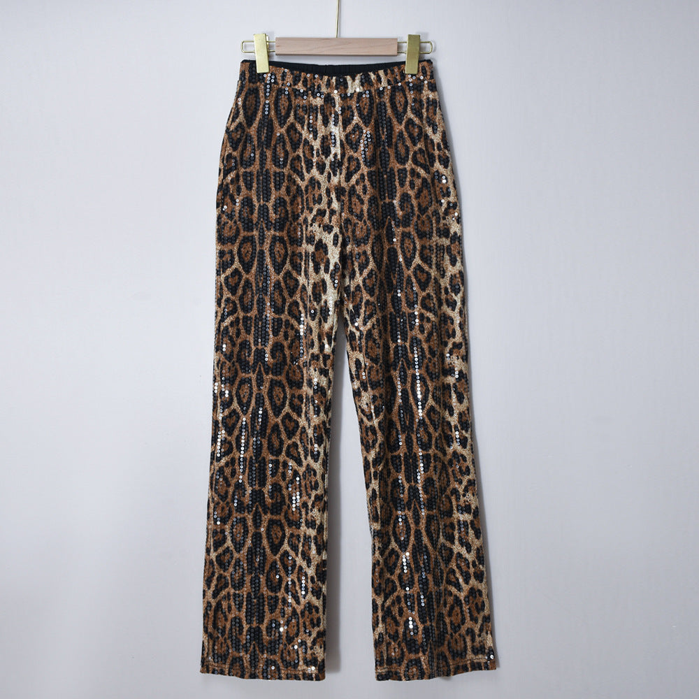 Leopard Print Straight-leg Trousers with Sparkling Sequins Detail