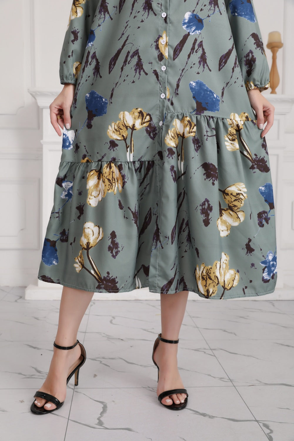 Floral Print Long Dress with Comfortable Cotton-Linen Blend Fabric