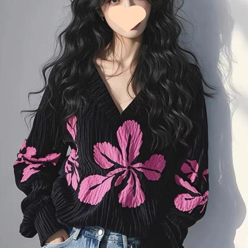 Black Flower Print Top with Flight Sleeves for Effortless Style