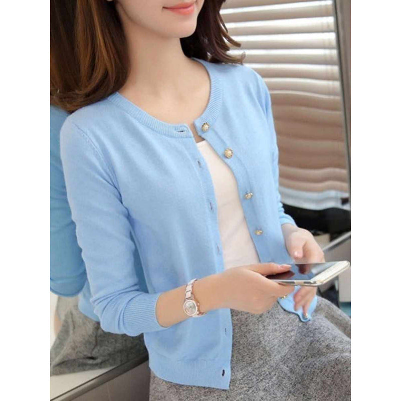 Knitted Cardigan with Long Sleeve and Round Neck Design