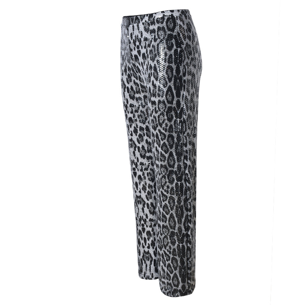 Leopard Print Straight-leg Trousers with Sparkling Sequins Detail