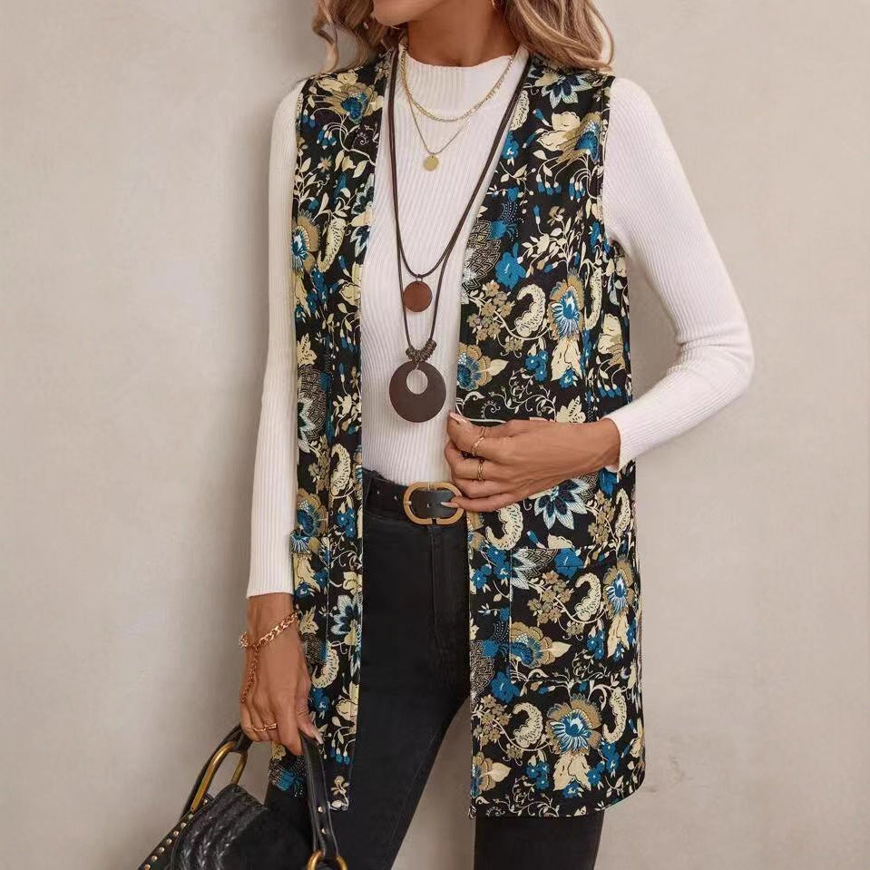 Casual Printing Coat with Fresh Floral Design and Sleeveless Style