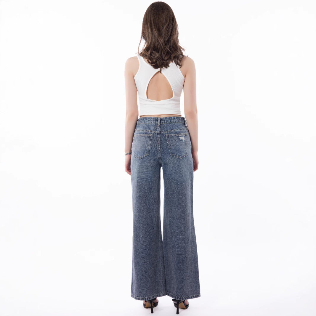 Retro Large Size Wide-Leg Jeans with Worn Distressed Style