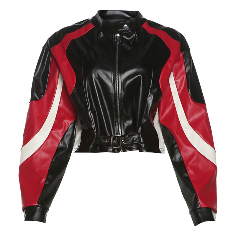 Motorcycle Slim Round Neck PU Leather Jacket with Color Matching Design