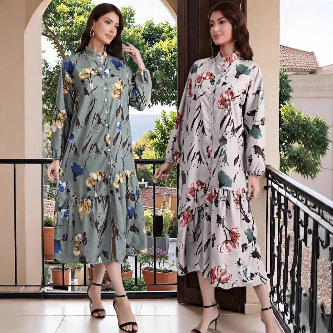 Floral Print Long Dress with Comfortable Cotton-Linen Blend Fabric