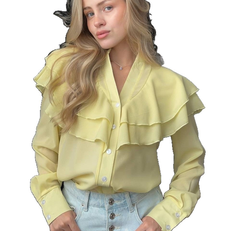 Chiffon Casual Lotus Leaf V-neck Blouse with Loose Fit Style