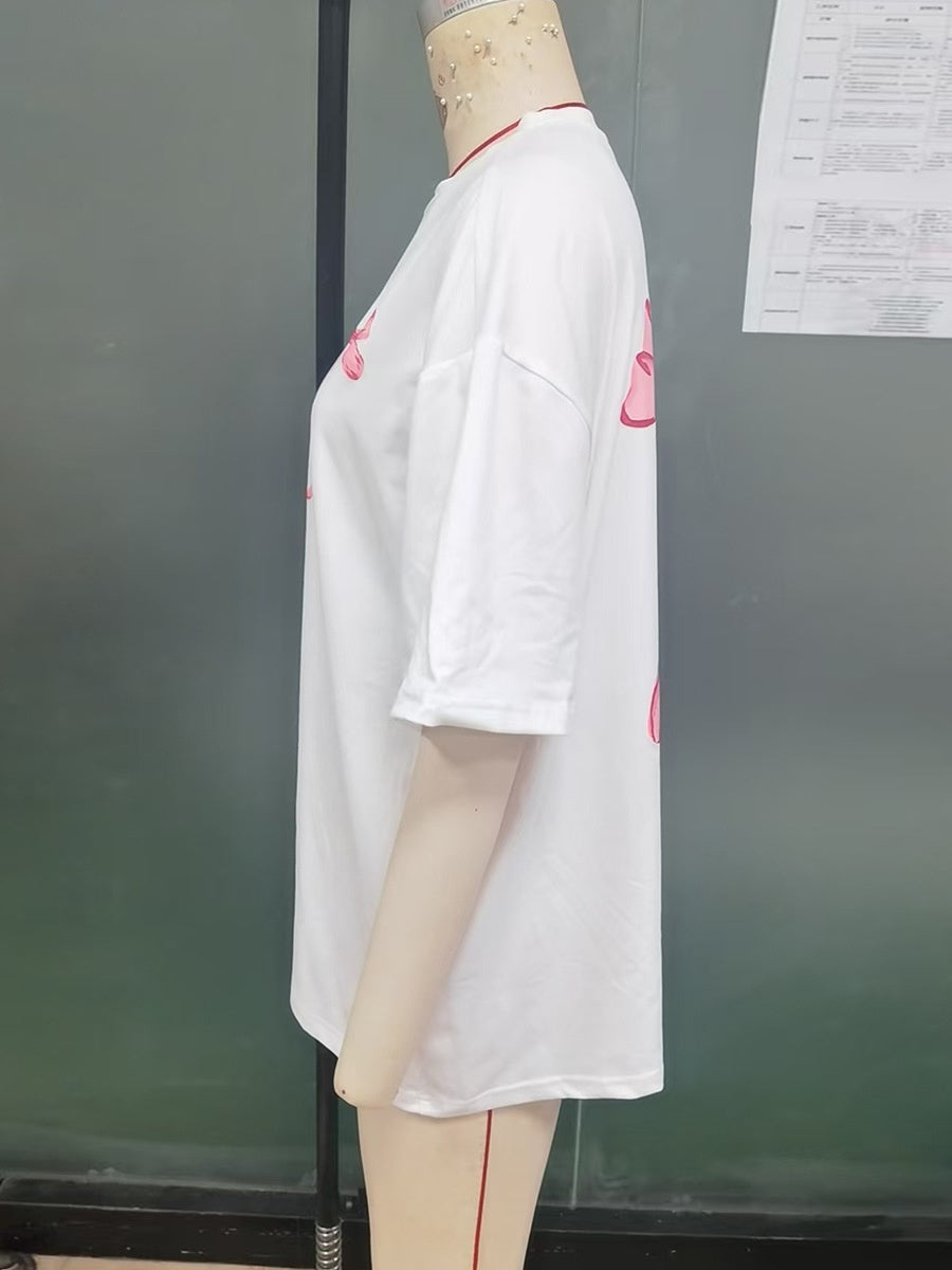 Round Neck Polyester Short-Sleeved Top with Bow Print Design