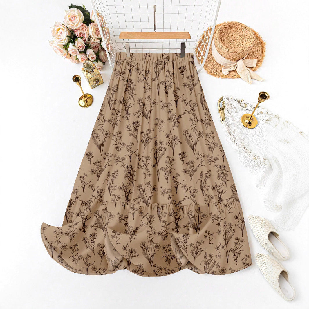 Retro Loose Casual Dress with Floral Pattern and Long Skirt Style