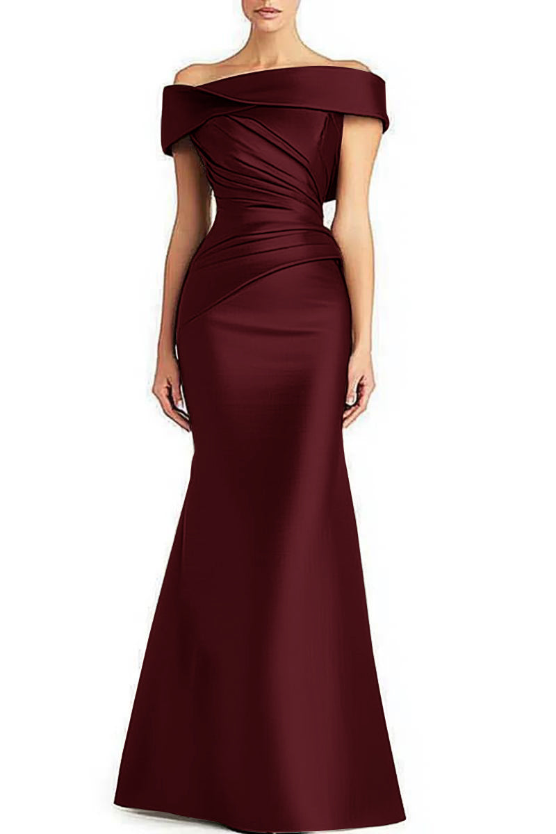 Evening Formal Dress with Pleated Off-Shoulder Elegance