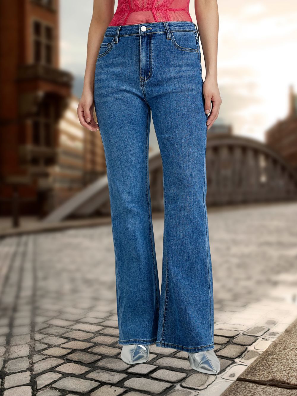 Mid-waist Retro Denim Bell-bottom Pants with Stretch Fabric Design