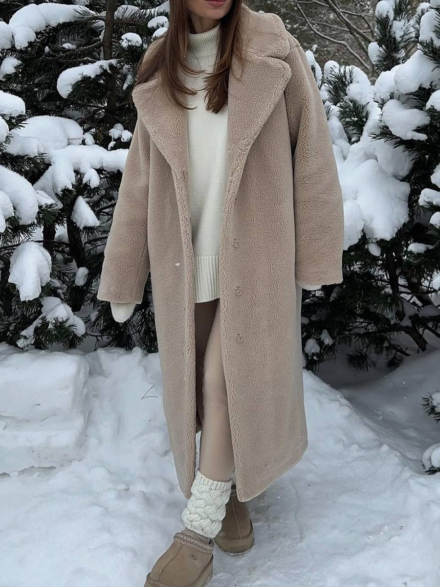 Polyester Long Button Cashmere Coat with Luxurious Fur Collar