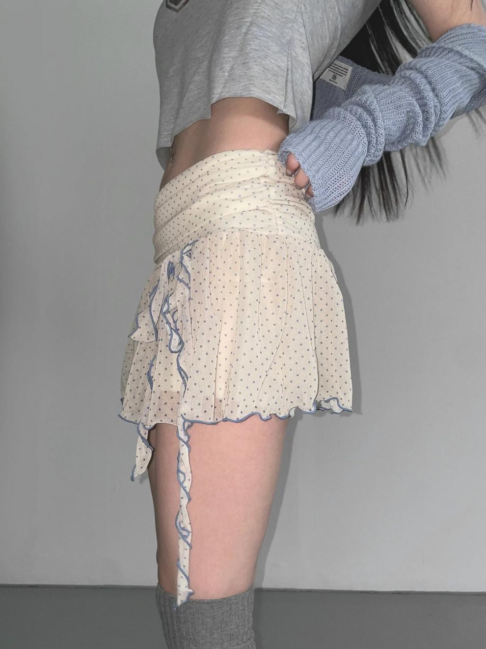 Polka-dot Slim-fit Chiffon Skirt with Versatile Bow Design