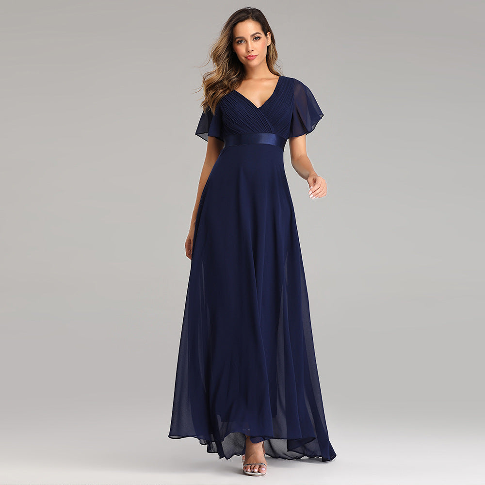 Chiffon Maxi Dress with Flared Sleeves and Handmade Pleats