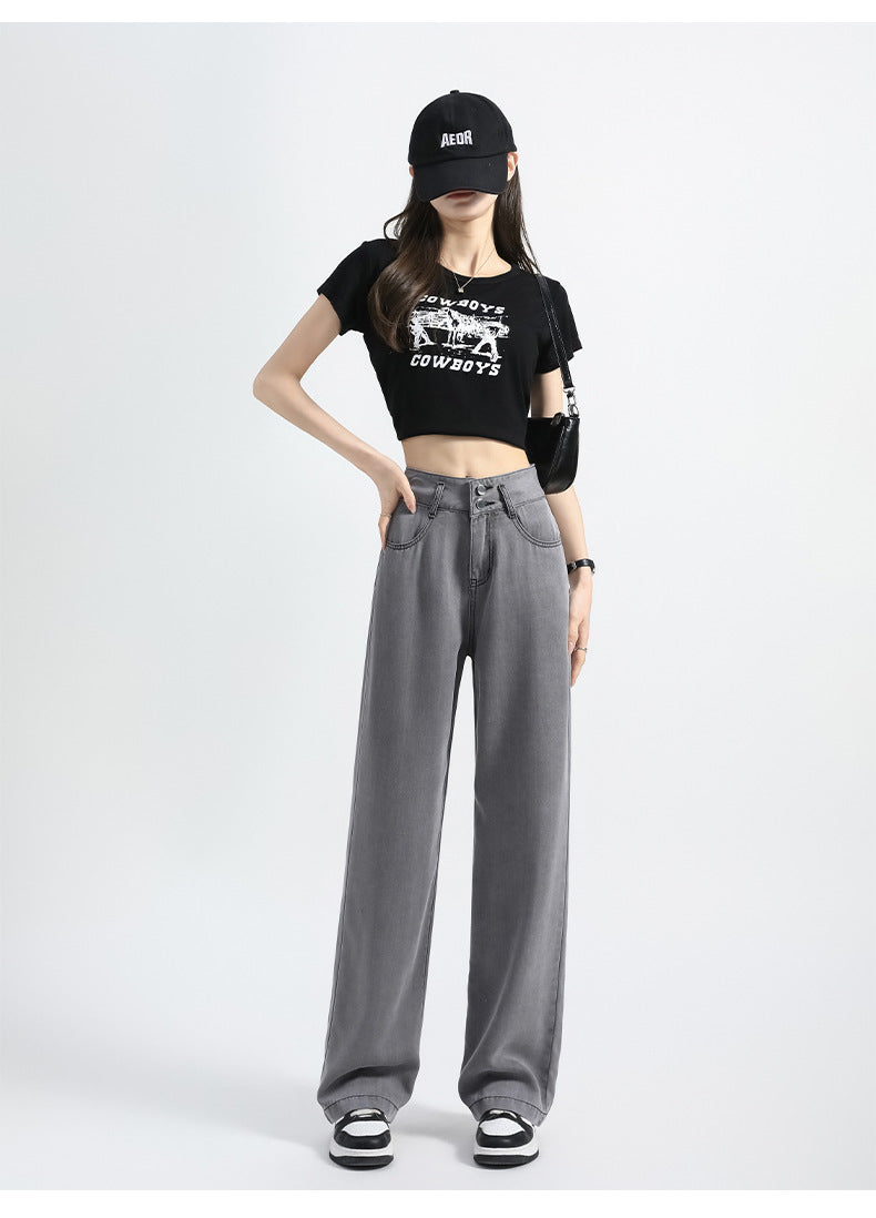 Lyocell Denim Wide-leg Pants with High Waist and Button Detail