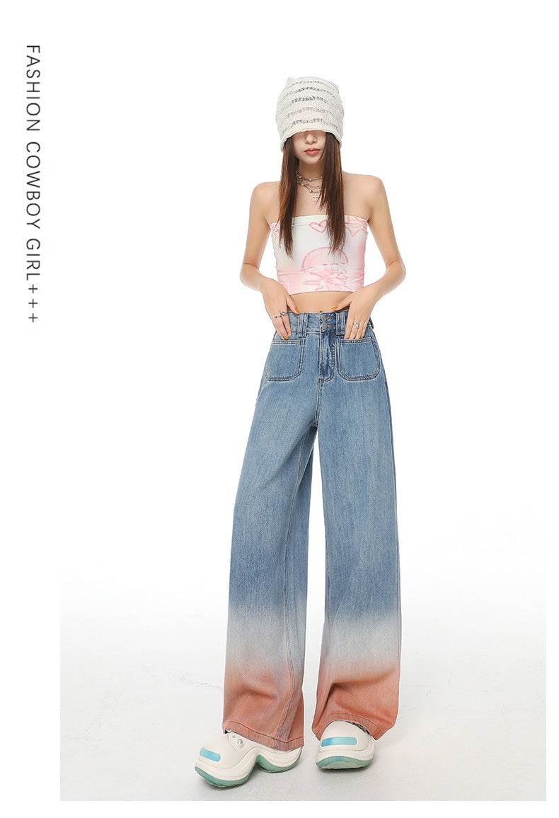 High Waist Wide Leg Jeans with Retro Blue Gradient Style