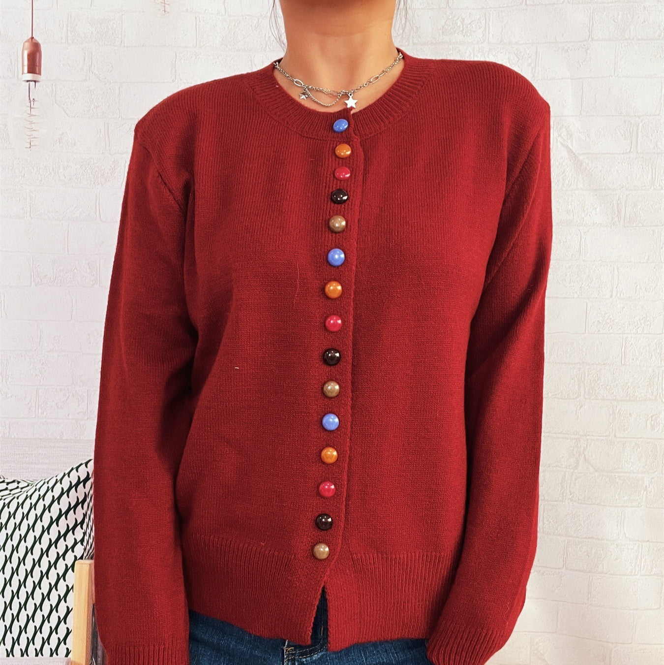 Simple Commute Color Button Single-breasted Knitted Cardigan Sweater Coat