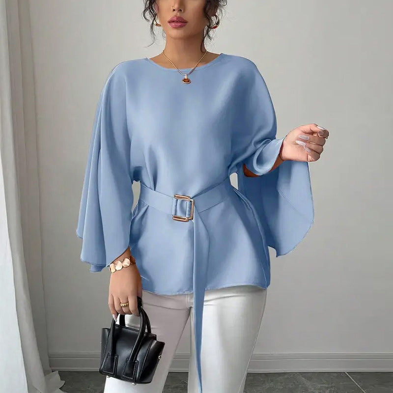 Solid Color Flared Half Sleeve Shirt with Bell Sleeve Design