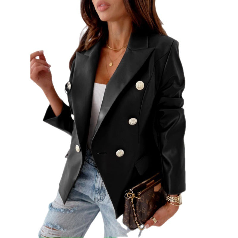 Long Sleeve Double Breasted PU Leather Jacket with Classic Style