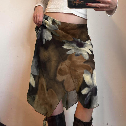 Floral Printed Mesh Asymmetric Skirt with Unique Street Fashion Style