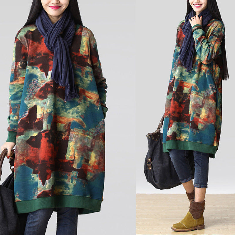 Casual Cotton and Linen Printed Long-sleeved Dress with Floral Pattern