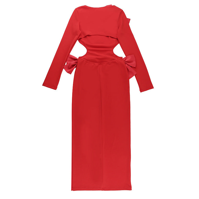 Slim-fit Sheath Dress with Bow Detail and Open Back Design