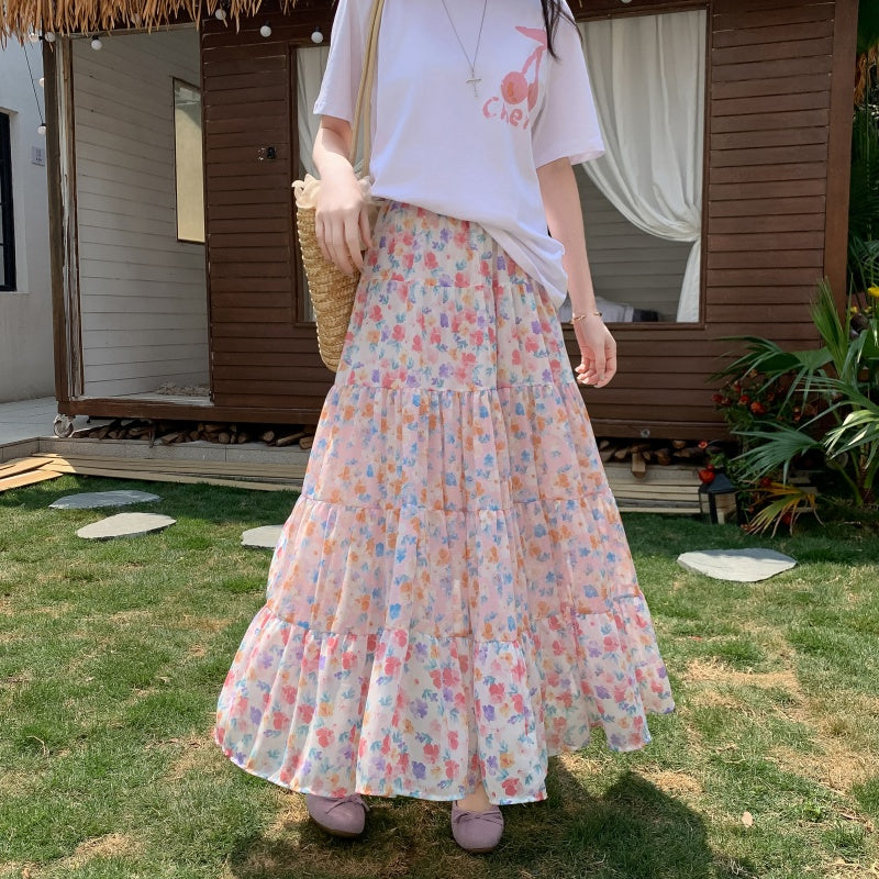 A-Line Chiffon Floral Skirt with Colorful Print Style