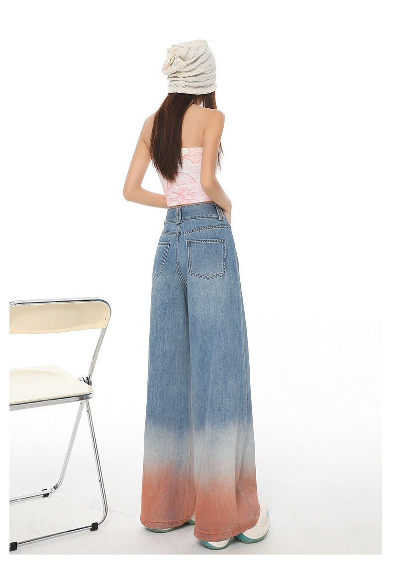 High Waist Wide Leg Jeans with Retro Blue Gradient Style