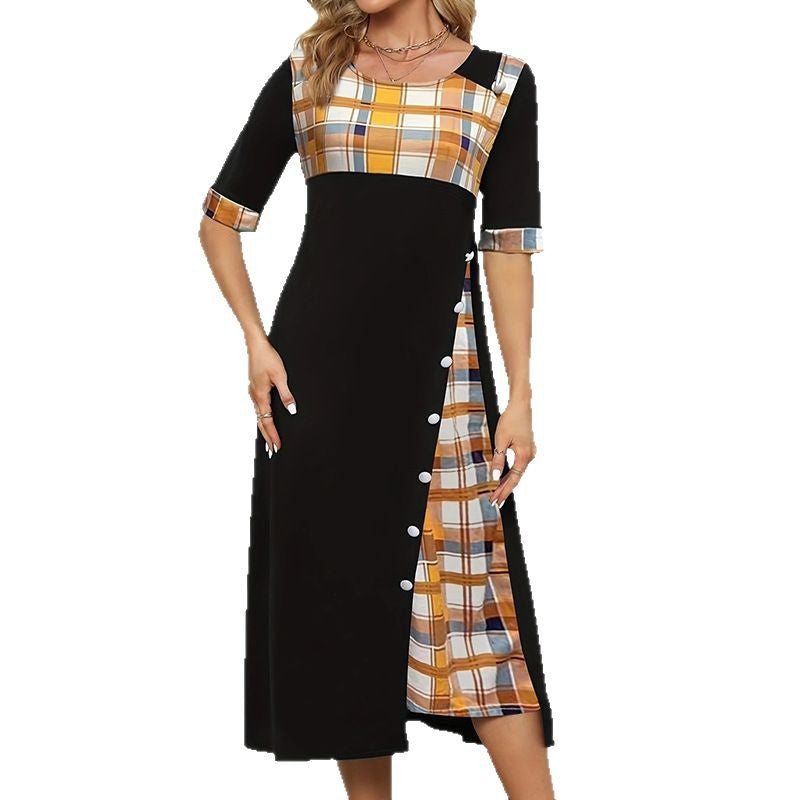 Round Neck Contrast Color Half Sleeve Irregular Long Dress
