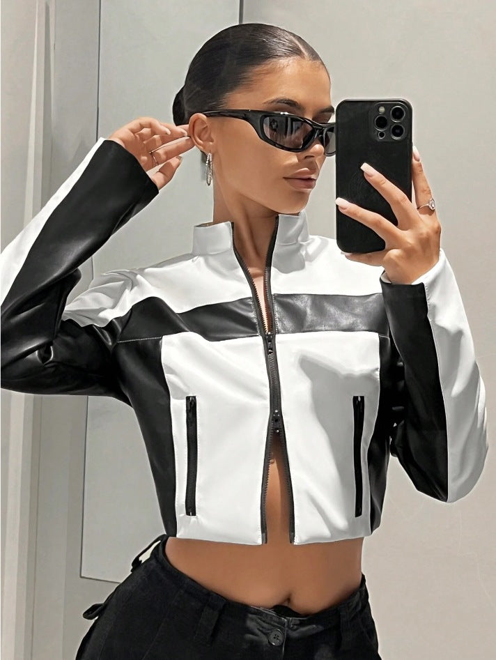Black and White Contrast Color Leather Jacket with Zipper Closure