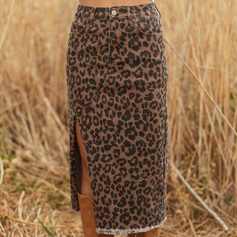 Leopard Print High Waist Slit Denim Skirt for Bold Style Statement